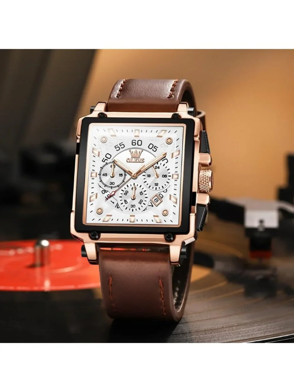 Men's White Quartz Leather Strap Waterproof Casual Trendy Square Dial Wristwatch